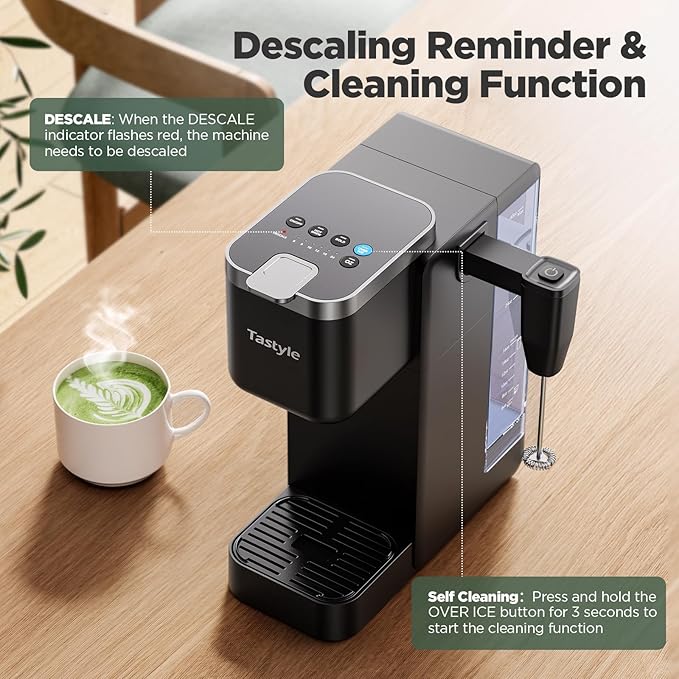 Single Serve Coffee Maker with Built-in Detachable Milk Frother, Iced and Hot Coffee Machine for K Cup & Grounds, 40oz Removable Water Reservoir, 6 Cup Sizes, Fits 7.3" Travel Mug, Black
