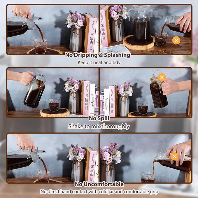 Glyntrof Cold Brew Coffee Maker Glass Pitcher, 32 oz Mason Jar with Pour Spout Handle Lid with Stainless Steel Filter for Iced Coffee, Lemonade, Ice Tea, Fruit Drinks