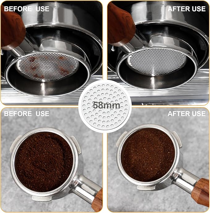 58mm Espresso Accessories Kit, 316 stainless steel Espresso Tamper, WDT Tool, Puck Screen and Dosing Funnel Set Fits Delonghi 58 mm Espresso Coffee Machines and Portafilter, Barista Tools (Golden)