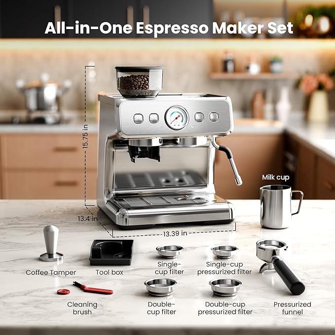 Kismile Dual Boiler Espresso Machine with Grinder, 20 Bar Espresso Machines with Milk Frother, Commercial Stainless Steel Expresso Coffee Machines for Cappuccino and Latte