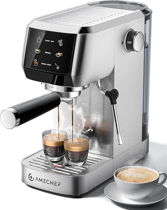 AMZCHEF 51mm Coffee Espresso Machine 20 Bar – Professional Coffee Maker with Milk Frother, Compact Stainless Steel Espresso Maker for Cappuccino, Latte, Mocha, Moon Silver