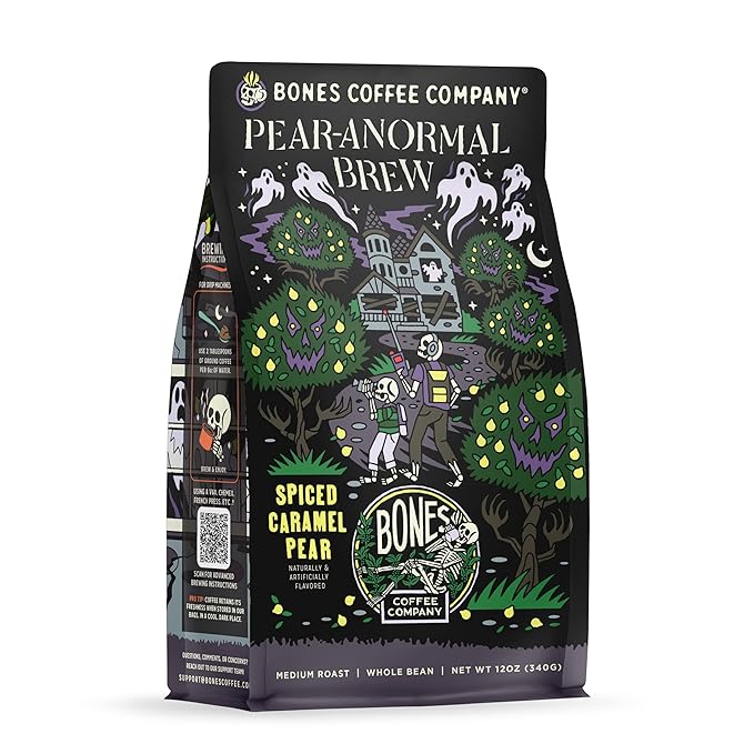 Bones Coffee Company Pear-Anormal, Caramel and Spiced Pear Flavored Coffee, Medium Roast Low Acid Arabica Beans Compatible with Auto drip and French Press Coffee Maker, 12 Oz Whole Bean
