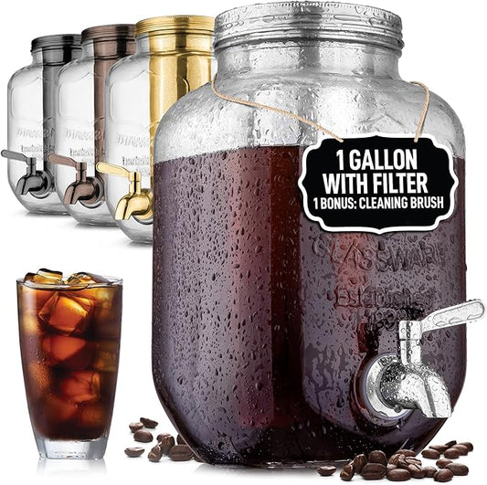 Zulay Kitchen 1 Gallon Cold Brew Coffee Maker – Thick Glass Pitcher with Stainless Steel Filter, Lid & Spout – Large Mason Jar Container Dispenser - Iced Coffee & Sun Tea Brewer for Fridge – Silver