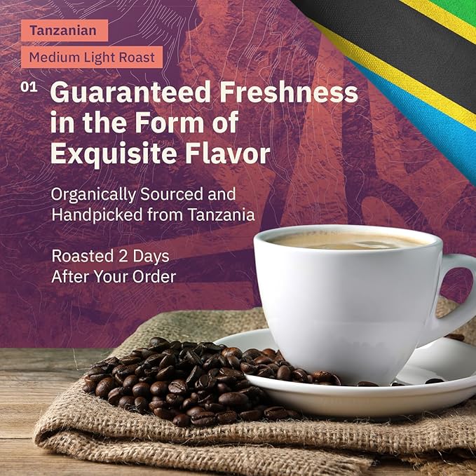 Kochere Tanzanian Specialty Whole Bean Coffee – 1LB Medium Roast – Freshly Roasted to Order – Single Origin, Farm Direct, Rich Flavored Coffee Beans – Fruity, Bright & Smooth Notes