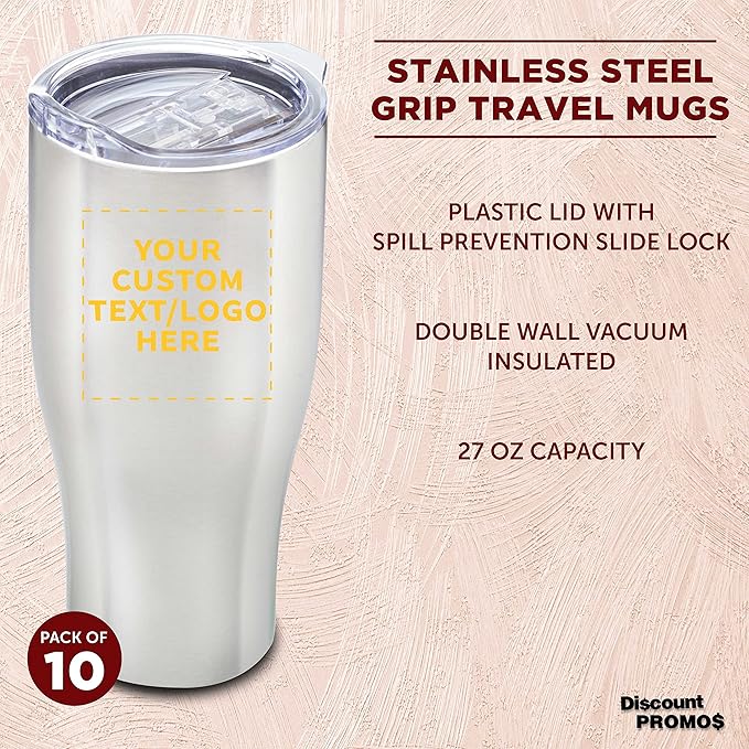 Custom Stainless Steel Grip Travel Mugs 27 oz. Set of 10, Personalized Bulk Pack - Perfect for Coffee, Soda, Other Hot & Cold Beverages - Silver