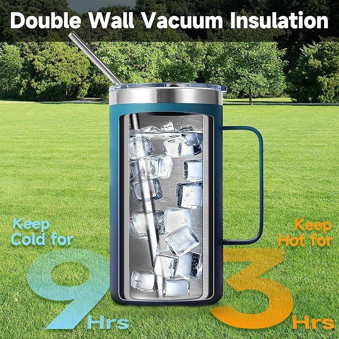 Volhoply 24oz Insulated Coffee Mug with Lid and Straw, Stainless Steel Travel Mugs with Handle, Double Wall Vacuum Leak Proof Coffee Tumbler Cup (Dark Night,1)