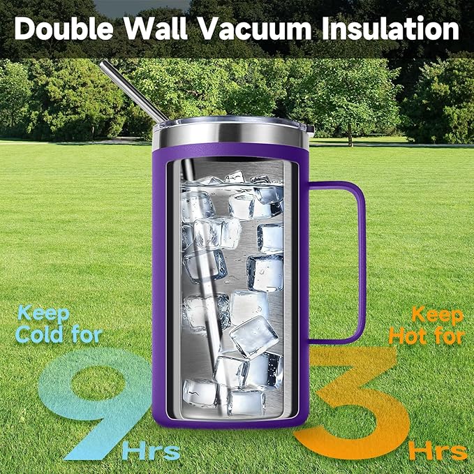Volhoply 24oz Insulated Coffee Mug with Lid and Straw, Stainless Steel Travel Mugs with Handle, Double Wall Vacuum Leak Proof Coffee Tumbler Cup (Purple,1)