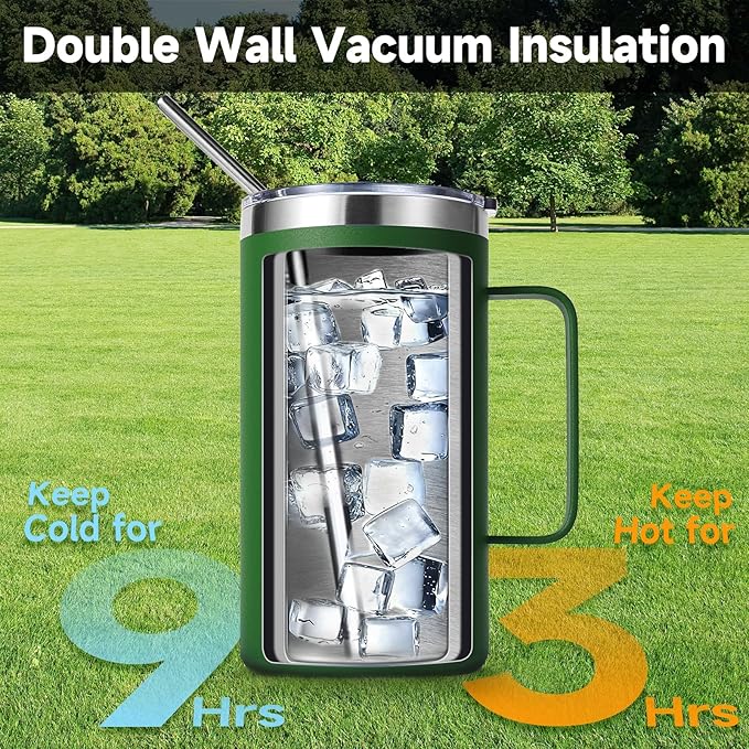 Volhoply 24oz Insulated Coffee Mug with Lid and Straw, Stainless Steel Travel Mugs with Handle, Double Wall Vacuum Leak Proof Coffee Tumbler Cup (Army Green,1)
