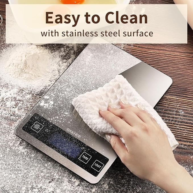 BakFee Food Scale, 33lb Digital Kitchen Scale with Stainless Steel & Tempered Glass, USB Rechargeable, 1g / 0.05oz Precise Graduation, Waterproof and Sturdy Surface, for Cooking, Baking, Weight Loss