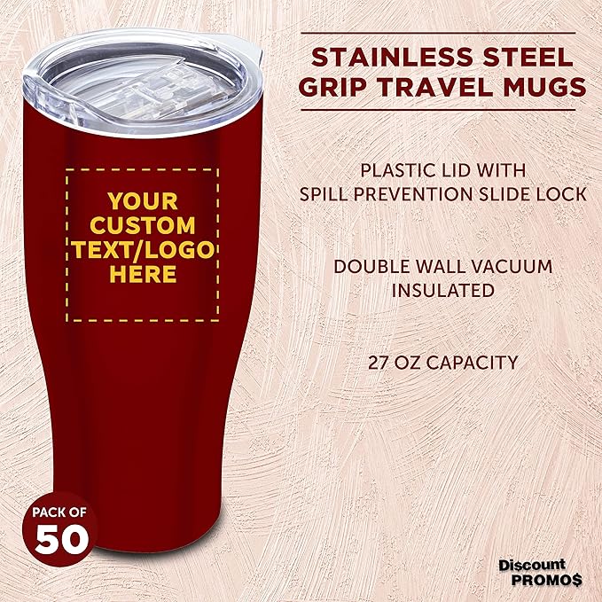 Custom Stainless Steel Grip Travel Mugs 27 oz. Set of 50, Personalized Bulk Pack - Perfect for Coffee, Soda, Other Hot & Cold Beverages - Red