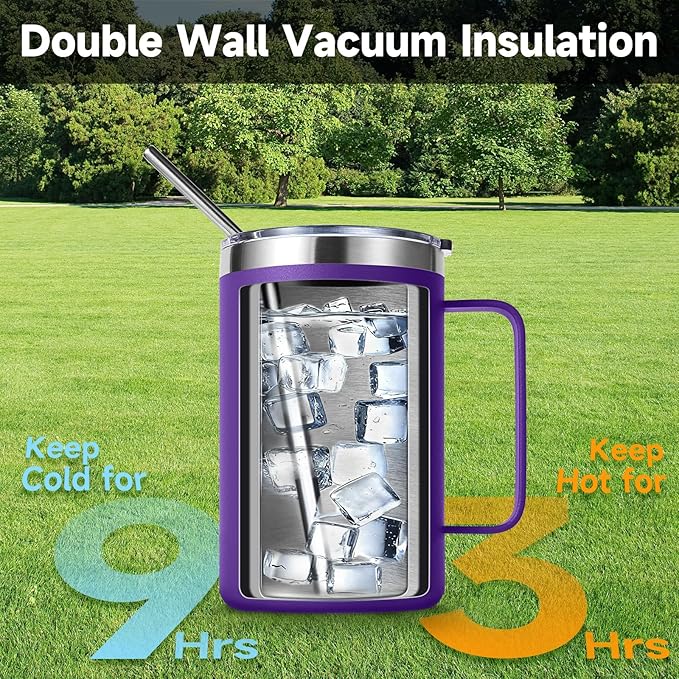 Volhoply 16oz Insulated Coffee Mug with Lid and Straw, Stainless Steel Travel Mugs with Handle, Double Wall Vacuum Leak Proof Coffee Tumbler Cup (Purple,1)