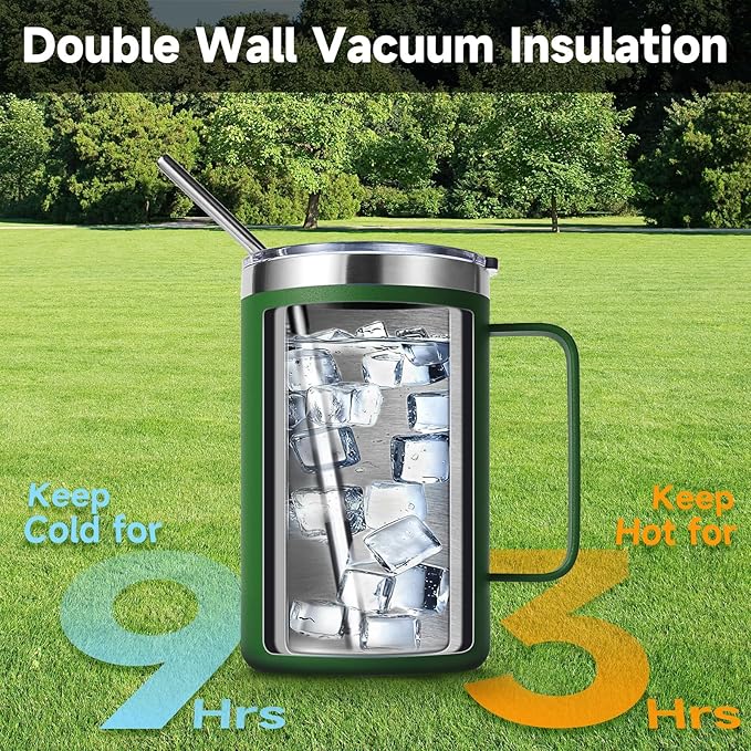Volhoply 16oz Insulated Coffee Mug with Lid and Straw, Stainless Steel Travel Mugs with Handle, Double Wall Vacuum Leak Proof Coffee Tumbler Cup (Army Green,2)
