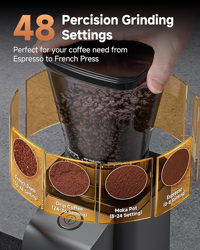 Anti-Static Espresso Grinder with Self-Cleaning Burrs & 47 Settings,Coffee Grinder featuring Anti-Static & Low-Residue design for home use, complete with storage box and dosing cup