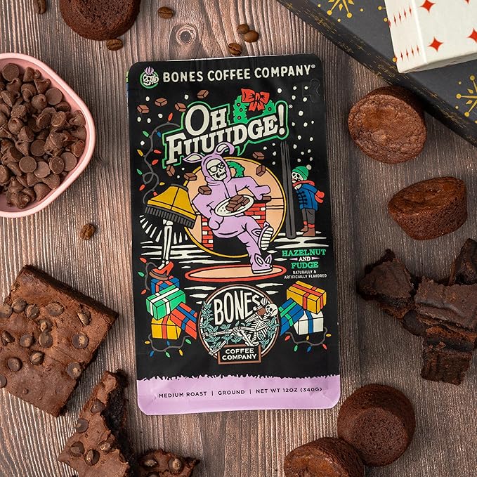 Bones Coffee Company Oh Fuudge, Chocolate Fudge Flavored Coffee, Medium Roast Low Acid Arabica Beans Compatible with Auto drip and French Press Coffee Maker, 12 Oz Whole Bean