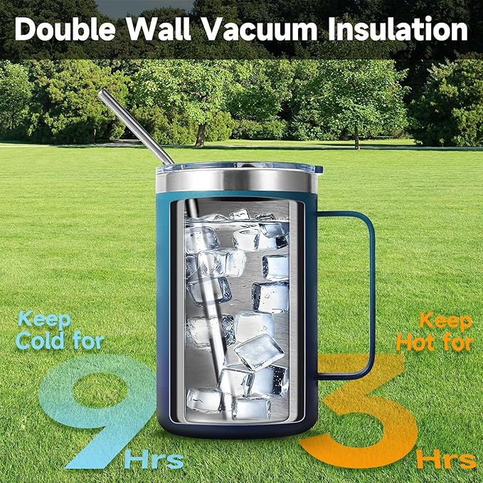 Volhoply 16oz Insulated Coffee Mug with Lid and Straw, Stainless Steel Travel Mugs with Handle, Double Wall Vacuum Leak Proof Coffee Tumbler Cup (Dark Night,2)