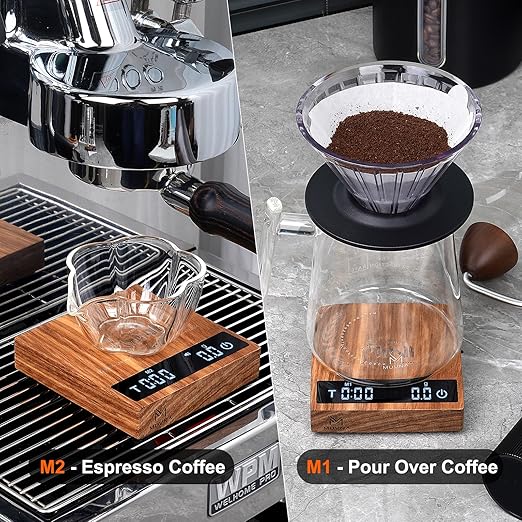MUVNA 0.1g High Precision Digital Mini Coffee Scale, 0.3g to 2kg Measuring Range Rechargeable Espresso Mini Scale with Tare Function, LED Display(Wood)