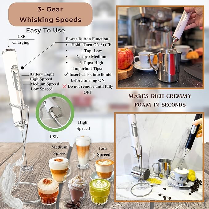 BellaVitas Milk Frother Handheld Rechargeable 3-Speed Electric Frother Wand Whisk Foam Maker Drink Mixer with Stand, 2 Whisks, Spice Shaker, Art Stencils, Art Pen for Coffee Latte, Cappuccino, White