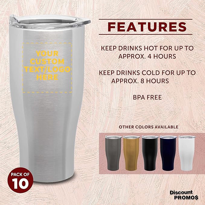 Custom Stainless Steel Grip Travel Mugs 27 oz. Set of 10, Personalized Bulk Pack - Perfect for Coffee, Soda, Other Hot & Cold Beverages - Silver