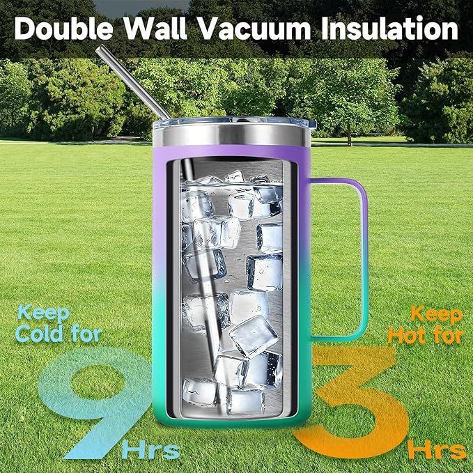 Volhoply 24oz Insulated Coffee Mug with Lid and Straw, Stainless Steel Travel Mugs with Handle, Double Wall Vacuum Leak Proof Coffee Tumbler Cup (Purple Green,1)