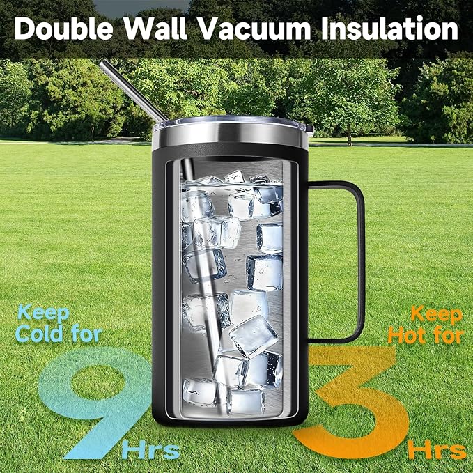 Volhoply 24oz Insulated Coffee Mug with Lid and Straw, Stainless Steel Travel Mugs with Handle, Double Wall Vacuum Leak Proof Coffee Tumbler Cup (Assorted,2)
