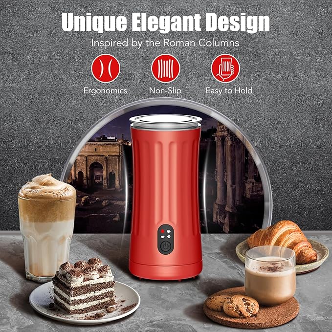 Ovetedot Milk Frother, Upgraded 4-in-1 Milk Frother and Steamer, Hot and Cold Foam Maker and Milk Warmer with Temperature Control & Auto Shut-Off, Frother for Coffee, Latte, Cappuccino, Matcha(Red)