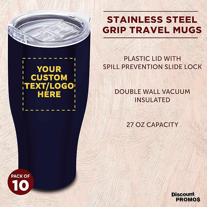 DISCOUNT PROMOS 10 Stainless Steel Grip Travel Mugs Set, 27 oz. - Customizable Text, Logo - Vacuum Insulated, Plastic Lid - Blue