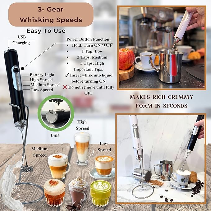 BellaVitas Milk Frother Handheld Rechargeable 3-Speed Electric Frother Wand Whisk Foam Maker Drink Mixer with Stand, 2 Whisks, Spice Shaker, Art Stencils, Art Pen for Coffee Latte, Cappuccino, Black