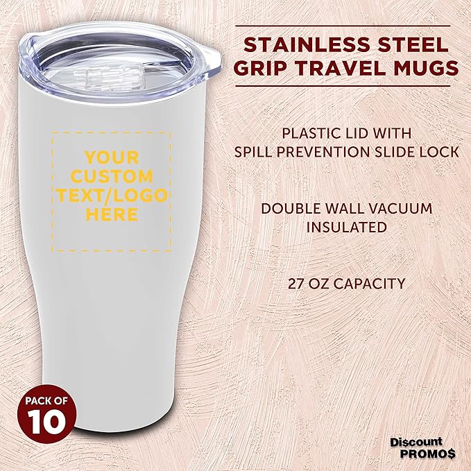 Custom Stainless Steel Grip Travel Mugs 27 oz. Set of 10, Personalized Bulk Pack - Perfect for Coffee, Soda, Other Hot & Cold Beverages - White
