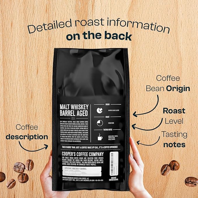 Whiskey Barrel Aged Coffee, Single-Origin Sumatra Beans Aged in American Malt Whiskey Barrels, Medium Dark Roast Whole Bean, 5 lb