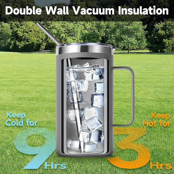Volhoply 24oz Insulated Coffee Mug with Lid and Straw, Stainless Steel Travel Mugs with Handle, Double Wall Vacuum Leak Proof Coffee Tumbler Cup (Gray,1)