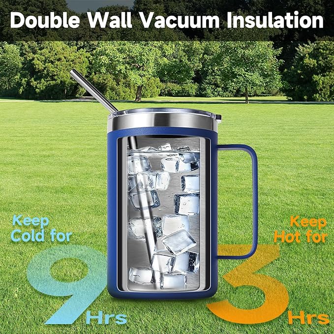Volhoply 16oz Insulated Coffee Mug with Lid and Straw, Stainless Steel Travel Mugs with Handle, Double Wall Vacuum Leak Proof Coffee Tumbler Cup (Blue,1)