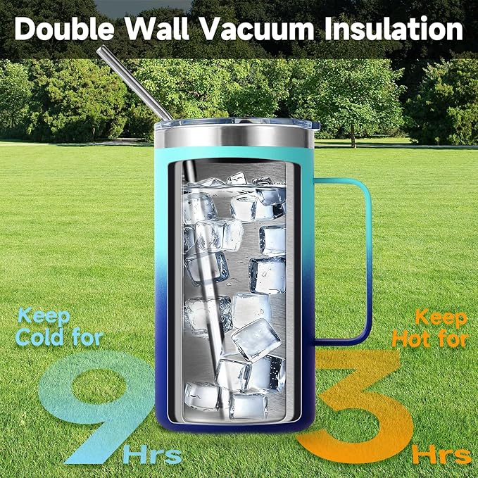 Volhoply 24oz Insulated Coffee Mug with Lid and Straw, Stainless Steel Travel Mugs with Handle, Double Wall Vacuum Leak Proof Coffee Tumbler Cup (Green Blue,1)