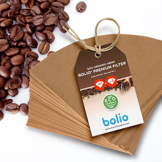 Bolio Premium Unbleached Hemp Paper Cone Coffee Filters – 100 Count - Compatible with All No.2 Size Pour Over coffee Drippers
