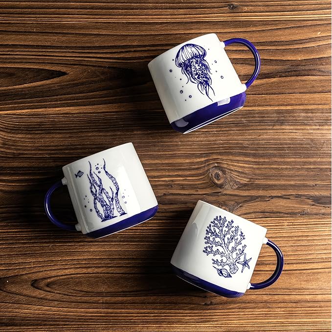 AmorArc Large Coffee Mugs Set of 4, 16oz Ceramic Coffee Cups with Sea Life Patterns for Tea Latte Cocoa. Easy to Hold&Clean, Dishwasher&Microwave Safe, Blue&White