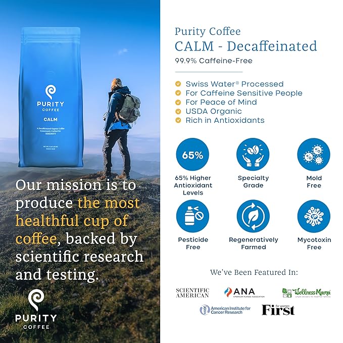 Purity Coffee CALM Decaf Medium Roast Whole Beans - USDA Certified Organic Specialty Grade Arabica Swiss Water Processed Decaffeinated - Third Party Tested for Mold, Mycotoxins, Pesticides - 5 lb Bag