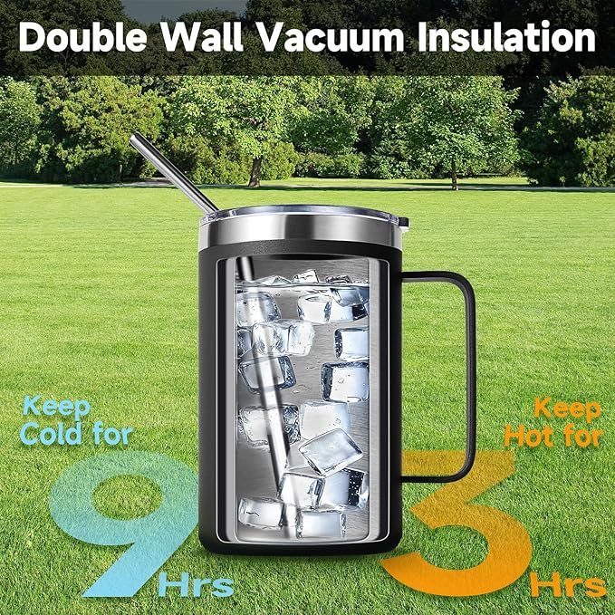 Volhoply 16oz Insulated Coffee Mug with Lid and Straw, Stainless Steel Travel Mugs with Handle, Double Wall Vacuum Leak Proof Coffee Tumbler Cup (Assorted,2)