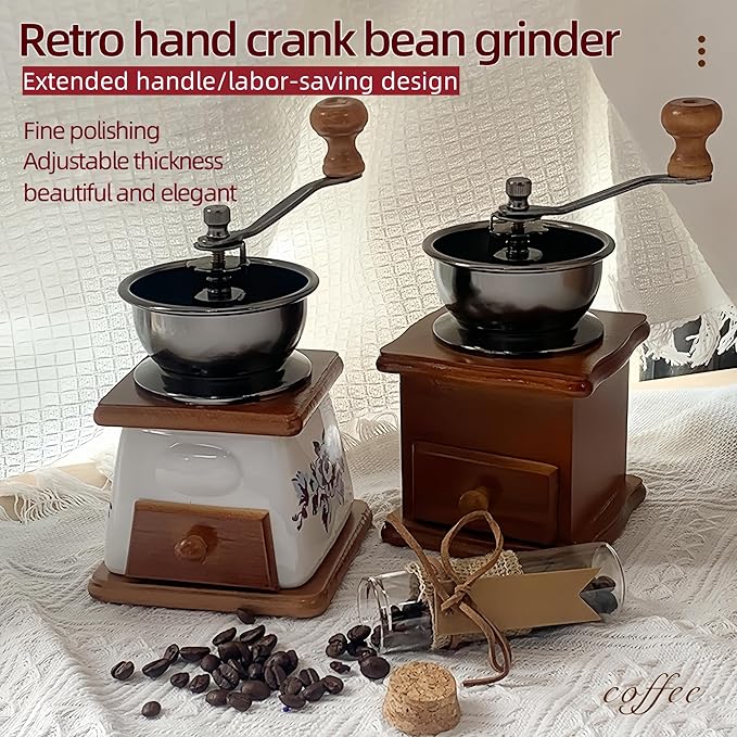 Vintage Hand-Cranked Coffee Bean Grinder with Ceramic Burr Drawer-Style Powder Tray Ergonomic Long Handle Non-Slip Wooden Base for Home Use Small Batch Brewing and Coffee Enthusiasts (New version)