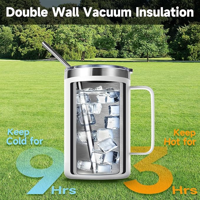 Volhoply 16oz Insulated Coffee Mug with Lid and Straw, Stainless Steel Travel Mugs with Handle, Double Wall Vacuum Leak Proof Coffee Tumbler Cup (White,1)