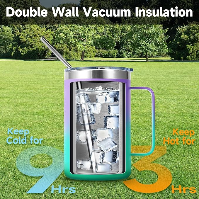 Volhoply 16oz Insulated Coffee Mug with Lid and Straw, Stainless Steel Travel Mugs with Handle, Double Wall Vacuum Leak Proof Coffee Tumbler Cup (Purple Green,1)