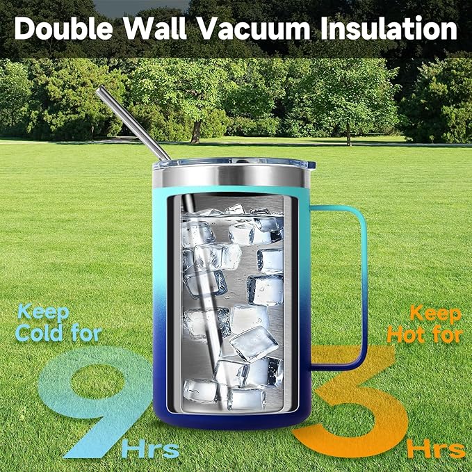 Volhoply 16oz Insulated Coffee Mug with Lid and Straw, Stainless Steel Travel Mugs with Handle, Double Wall Vacuum Leak Proof Coffee Tumbler Cup (Green Blue,1)