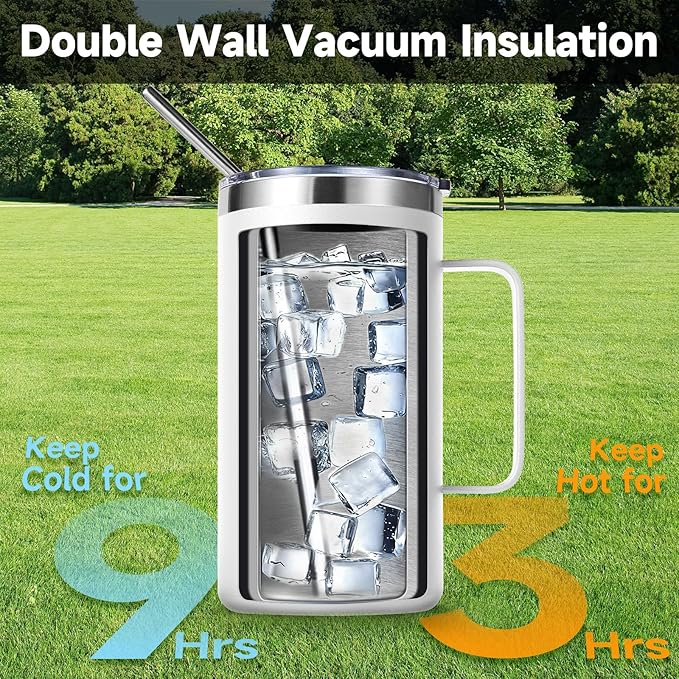 Volhoply 24oz Insulated Coffee Mug with Lid and Straw, Stainless Steel Travel Mugs with Handle, Double Wall Vacuum Leak Proof Coffee Tumbler Cup (White,1)
