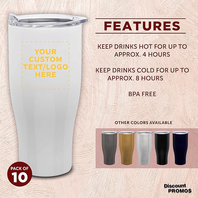 Custom Stainless Steel Grip Travel Mugs 27 oz. Set of 10, Personalized Bulk Pack - Perfect for Coffee, Soda, Other Hot & Cold Beverages - White