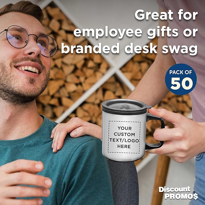 DISCOUNT PROMOS Custom Stainless Steel Travel Mugs with Handle 12 oz. Set of 50, Personalized Bulk Pack - Perfect for Coffee, Soda, Other Hot & Cold Beverages - Stainless Steel