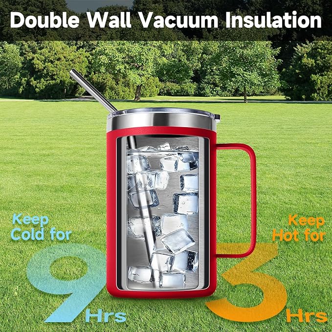 Volhoply 16oz Insulated Coffee Mug with Lid and Straw, Stainless Steel Travel Mugs with Handle, Double Wall Vacuum Leak Proof Coffee Tumbler Cup (Red,1)