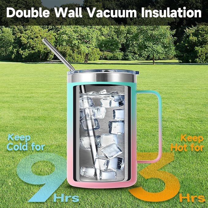 Volhoply 16oz Insulated Coffee Mug with Lid and Straw, Stainless Steel Travel Mugs with Handle, Double Wall Vacuum Leak Proof Coffee Tumbler Cup (Green Pink,1)