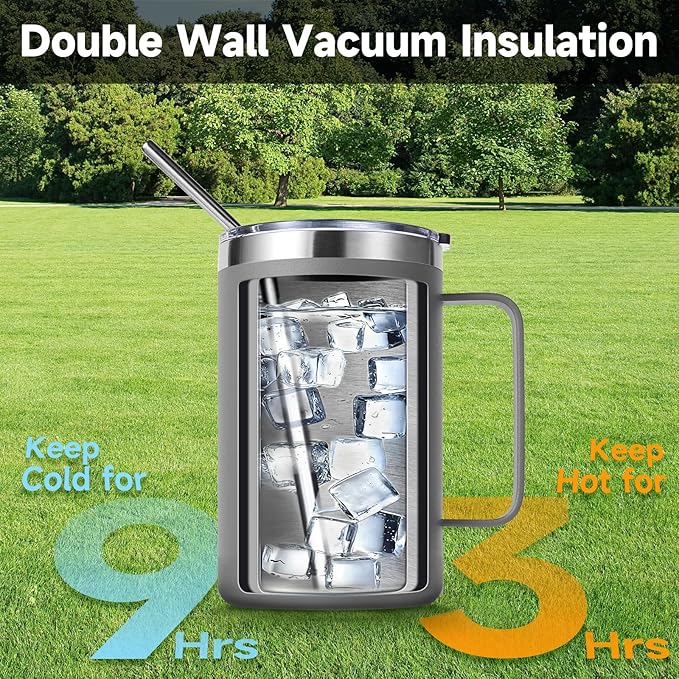 Volhoply 16oz Insulated Coffee Mug with Lid and Straw, Stainless Steel Travel Mugs with Handle, Double Wall Vacuum Leak Proof Coffee Tumbler Cup (Gray,1)