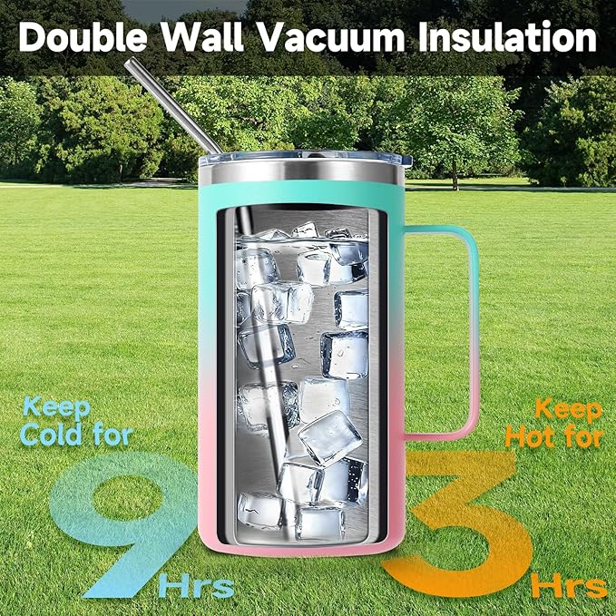 Volhoply 24oz Insulated Coffee Mug with Lid and Straw, Stainless Steel Travel Mugs with Handle, Double Wall Vacuum Leak Proof Coffee Tumbler Cup (Green Pink,1)