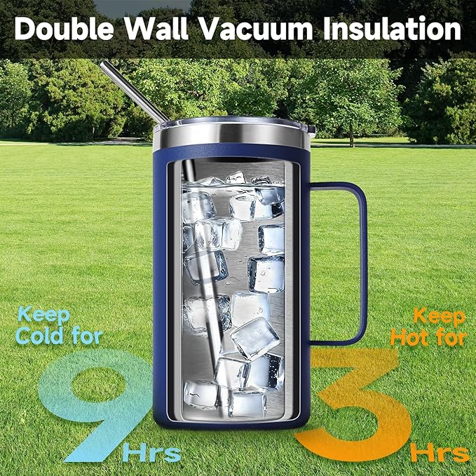 Volhoply 24oz Insulated Coffee Mug with Lid and Straw, Stainless Steel Travel Mugs with Handle, Double Wall Vacuum Leak Proof Coffee Tumbler Cup (Navy,2)