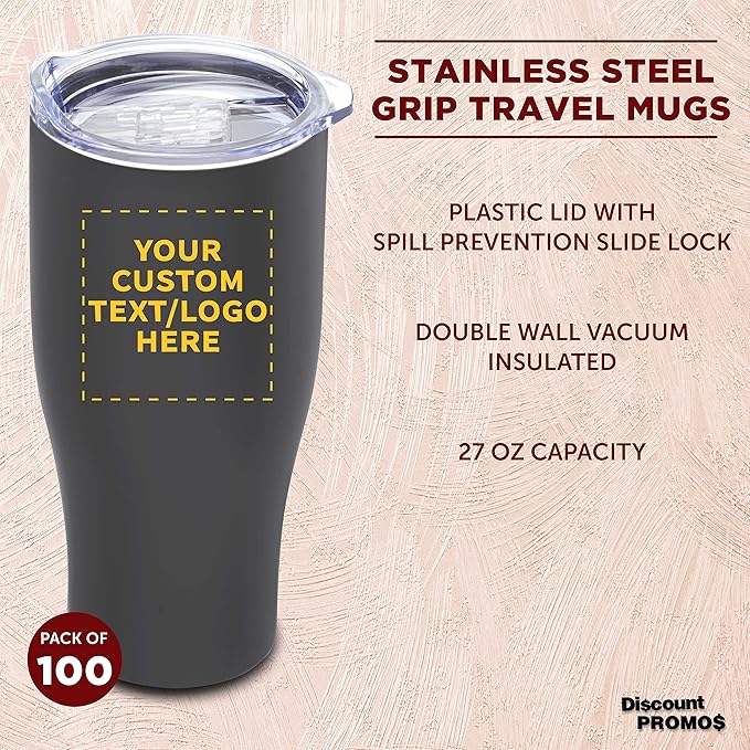 Custom Stainless Steel Grip Travel Mugs 27 oz. Set of 100, Personalized Bulk Pack - Perfect for Coffee, Soda, Other Hot & Cold Beverages - Smoke
