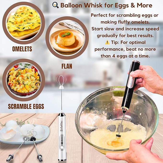 BellaVitas Milk Frother Handheld Rechargeable 3-Speed Electric Frother Wand Whisk Foam Maker Drink Mixer with Stand, 2 Whisks, Spice Shaker, Art Stencils, Art Pen for Coffee Latte, Cappuccino, White